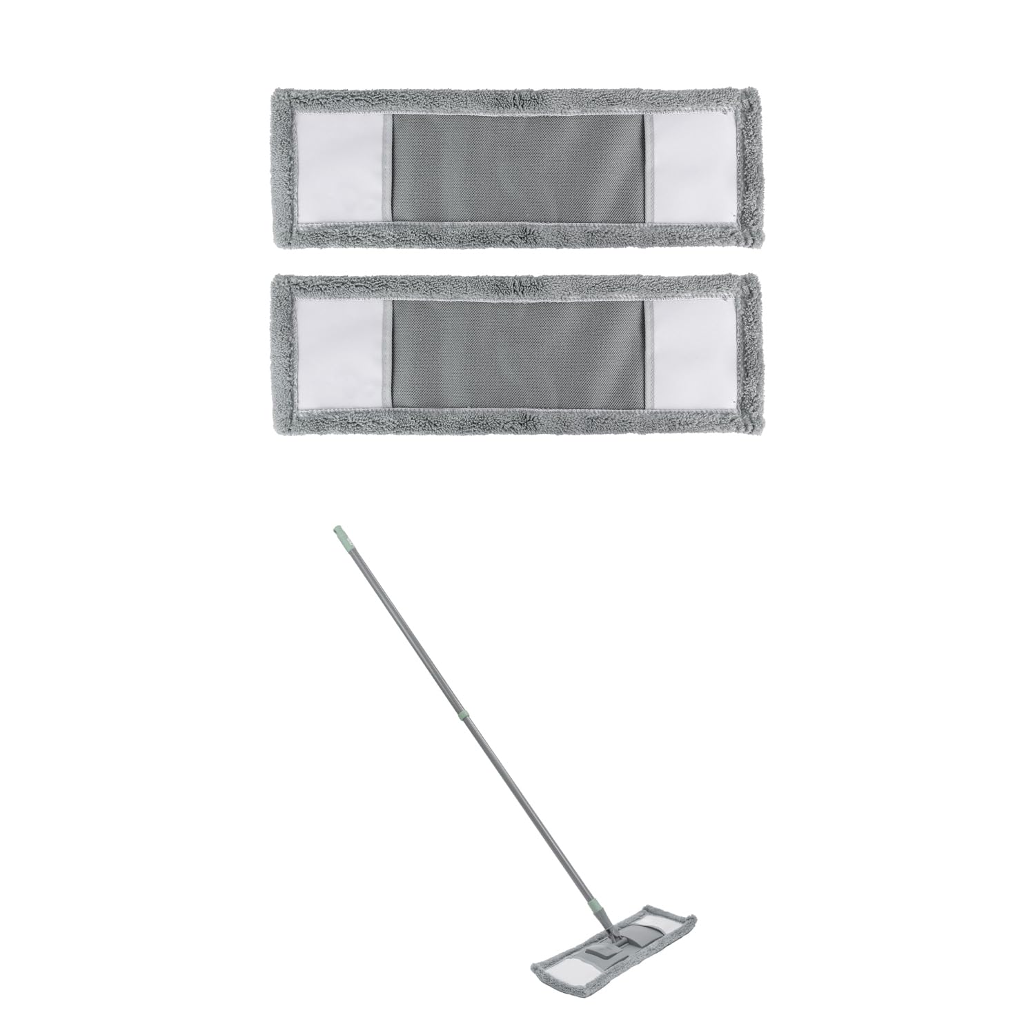 JVL Extended Microfibre Mop with 2 Replacement Heads – Flat Floor Cleaner with Long Handle – Machine Washable & Reusable – Grey