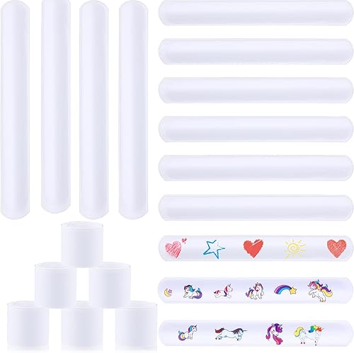 24 pulseras blancas de 8.7 x 1.2 pulgadas, pulseras de bricolaje para niños, bandas en blanco a granel de plástico liso a presión para proyectos de