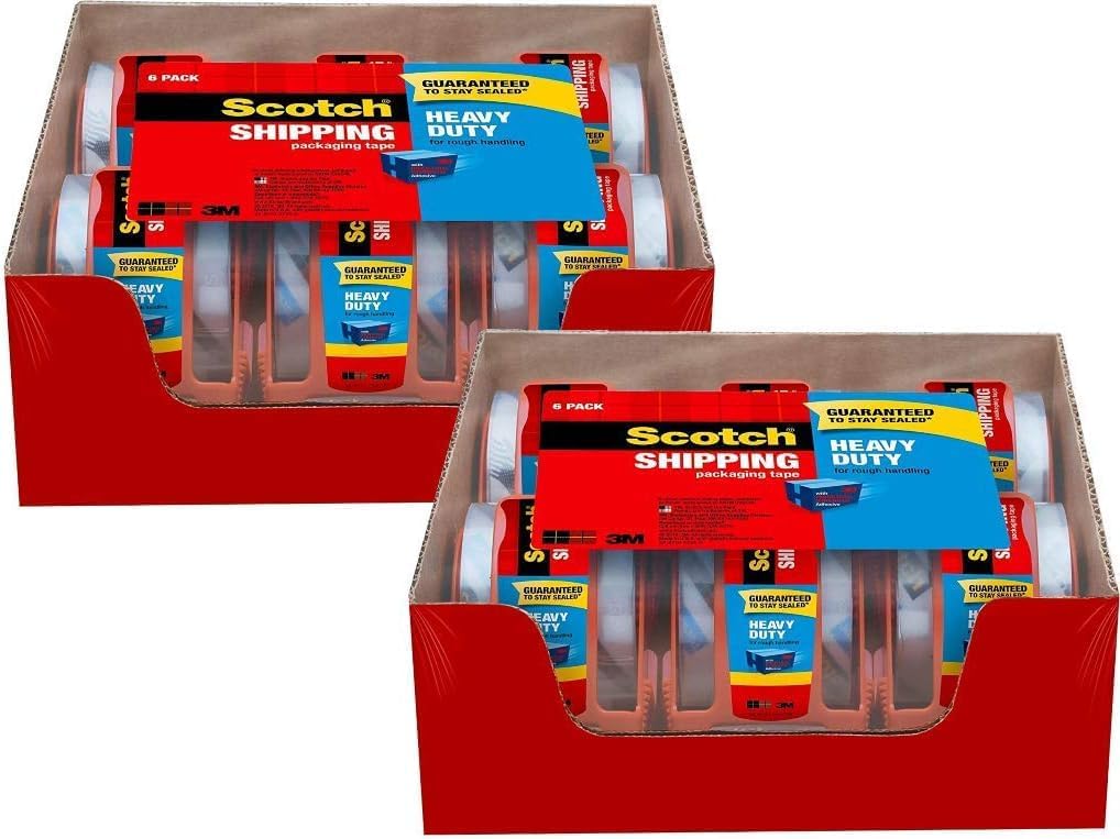 Scotch Heavy Duty Packaging Tape 12 Rolls (1.88" x 22.2 yd, 1.5" Core) - Clear Packing Tape with Dispensers, Strong Adhesive for Shipping, Moving & Mailing, Durable Easy-Unwind Design