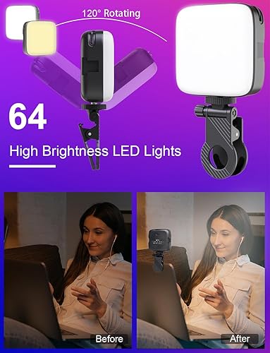 Miniatura 5 de Luz para selfie, luz de teléfono con clip frontal y trasero, luz LED portátil regulable de 3000-9900K, luz de video recargable de 2000 mAh para