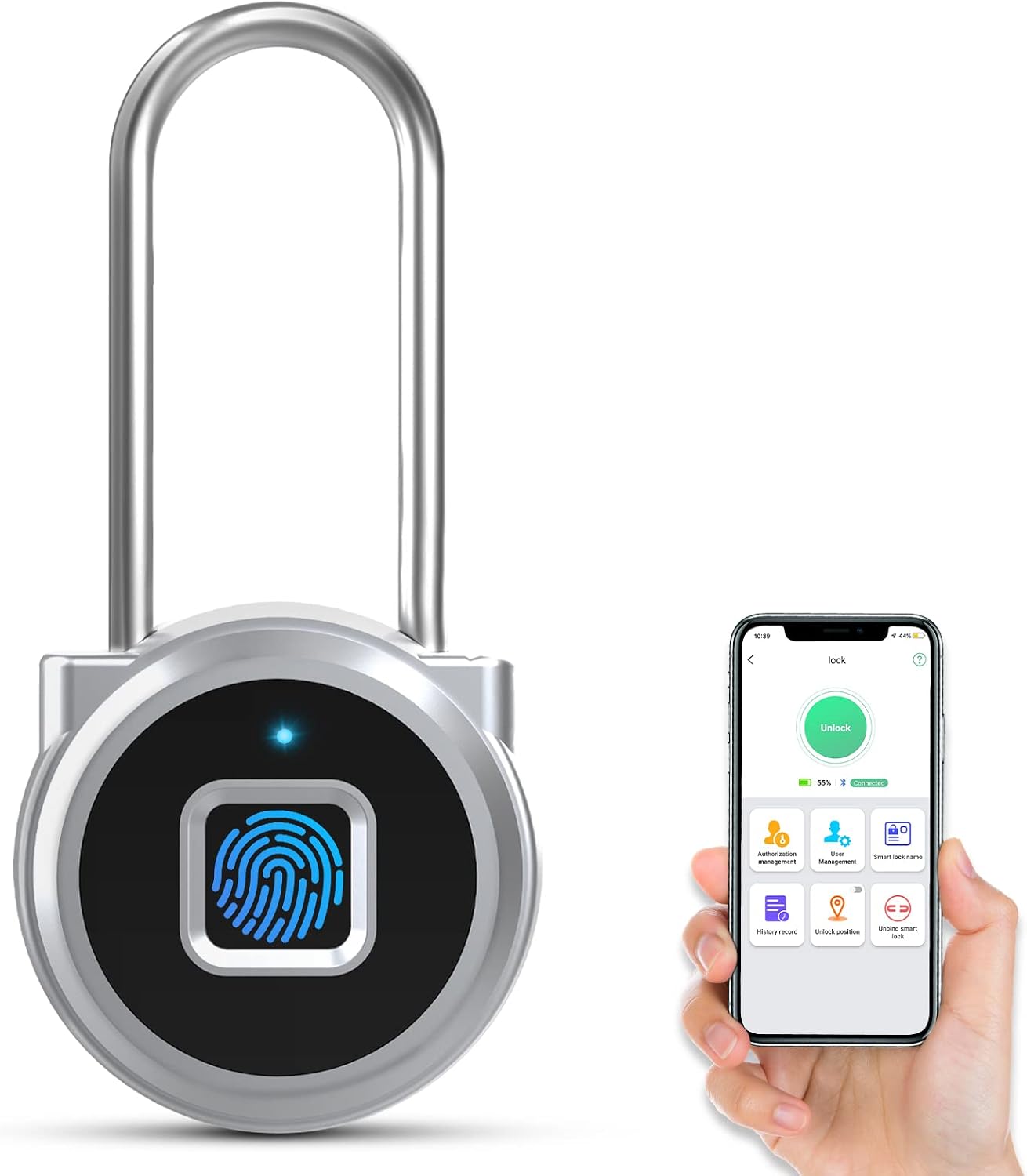 Fingerprint Padlock, Eseesmart Padlock Long Shackle, Locker Lock, Gym Lock with Fingerprint and Bluetooth Unlock, Outdoor Waterproof for Gym, Outdoor Sheds, Fence, School, Lockers