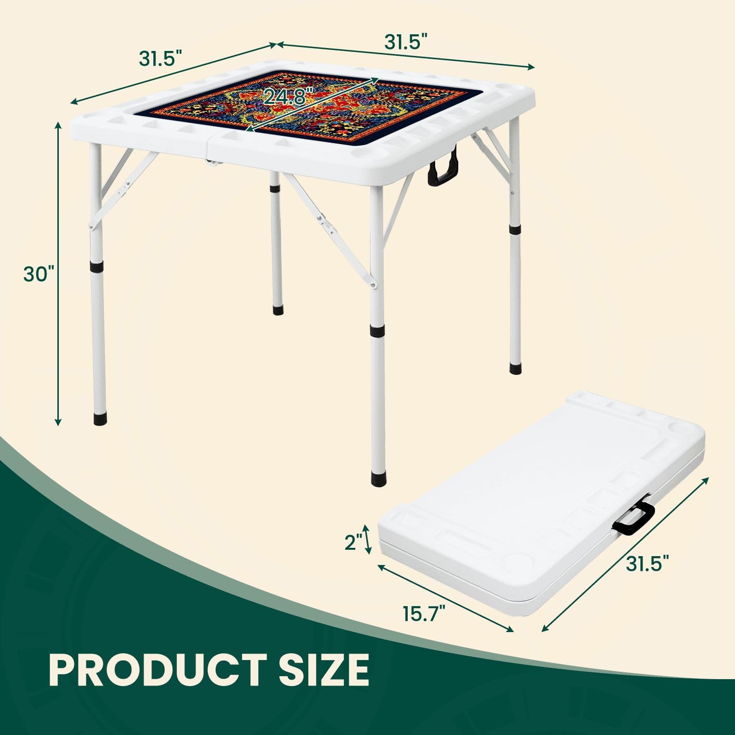 Folding Mahjong Table with Ornate Geometric Mandala Carpet Bold Red Blue Gold Symmetry Wear-Resistant Mahjong Mat, 4 Cup Holders & Chip Trays for 4 Players Square Portable Card Table for Poker Domino