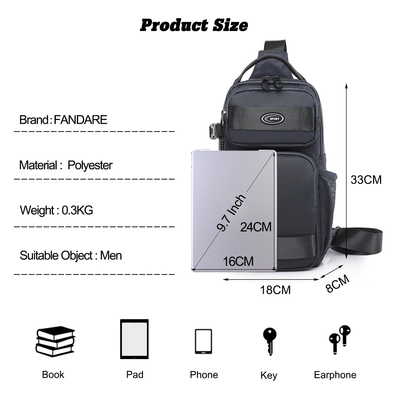 FANDARE Táctical Bolsos Cruzados bolsitos para Hombre Bolsa de Pecho Hombre Bolso Cruzado Hombre Mochila Cruzada Hombre Bandolera Cruzada Hombre Sling Crossbody Bag Bandoleras Gris