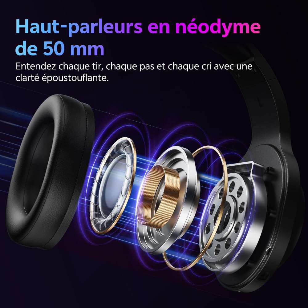 QCY Casque Gaming,Casque sans Fil 2,4 GHz pour PS5,PS4,PC,Switch,réduction de Bruit Amovible avec Micro,Son Surround 7.1,autonomie de 240 Heures,lumières RVB - Noir