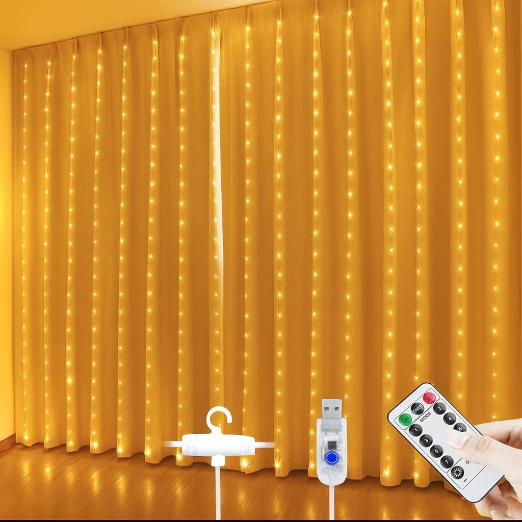 Gesto USB Curtain LED String Lights – 300 Warm White Fairy Lights with 8 Modes Remote, Waterproof, for Home, Room, Wall, Balcony, Birthday, Wedding & Diwali Decoration, Backdrop Lights (9.8x9.8 Ft)