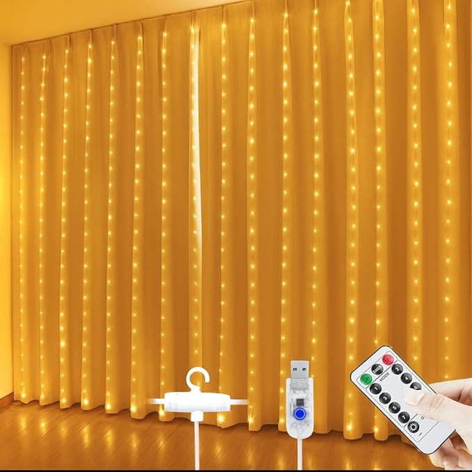 Gesto USB Curtain LED String Lights – 300 Warm White Fairy Lights with 8 Modes Remote, Waterproof, for Home, Room, Wall, Balcony, Birthday, Wedding & Diwali Decoration, Backdrop Lights (9.8x9.8 Ft)
