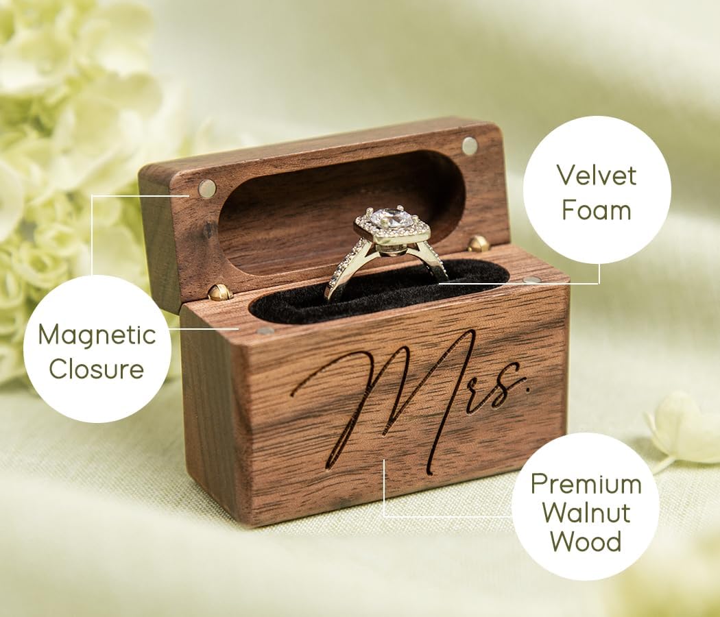 Wooden Engagement Ring Box Walnut Holder for Proposal Wedding - Mrs. Script image 4