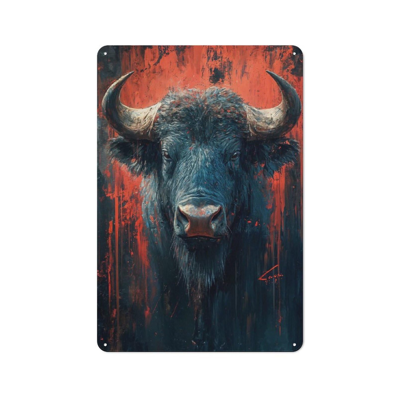 Junmoney Style-4 Tin Sign 30X20cm With Dramatic Buffalo Portrait With Red Accents For Workshop Wall, Rustic Decor, Suited To Workshop Decor Fans