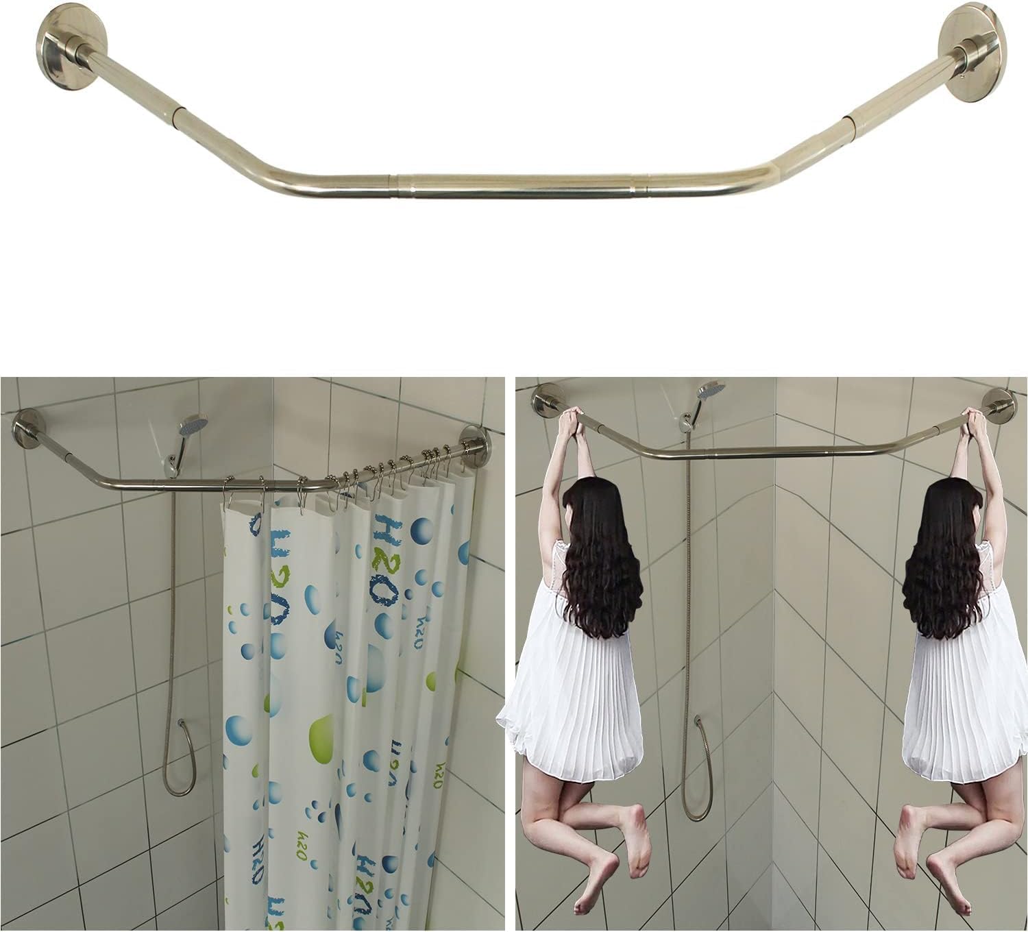Diamond-Shaped Corner Shower Curtain Rod (Both Sides: 17.5"-26", Middle: 21"-26.5") - No Sag Adjustable Shower Curtain Rod, Genuine 304 Stainless, Rust-Free, Ideal for Bathrooms & Dressing Rooms.
