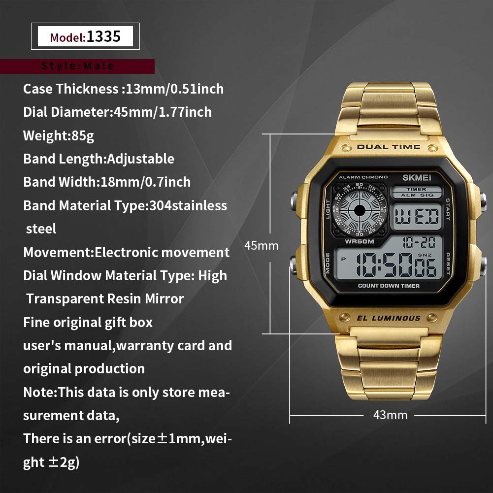 Reloj Hombres Lujo,Relojes Digitales de Lujo, Reloj de Pulsera para Hombre Cuadrado Relojes de Deportes al Aire Libre con Calendario de Alarma Impermeable Retroiluminación del Tiempo (Gold)…