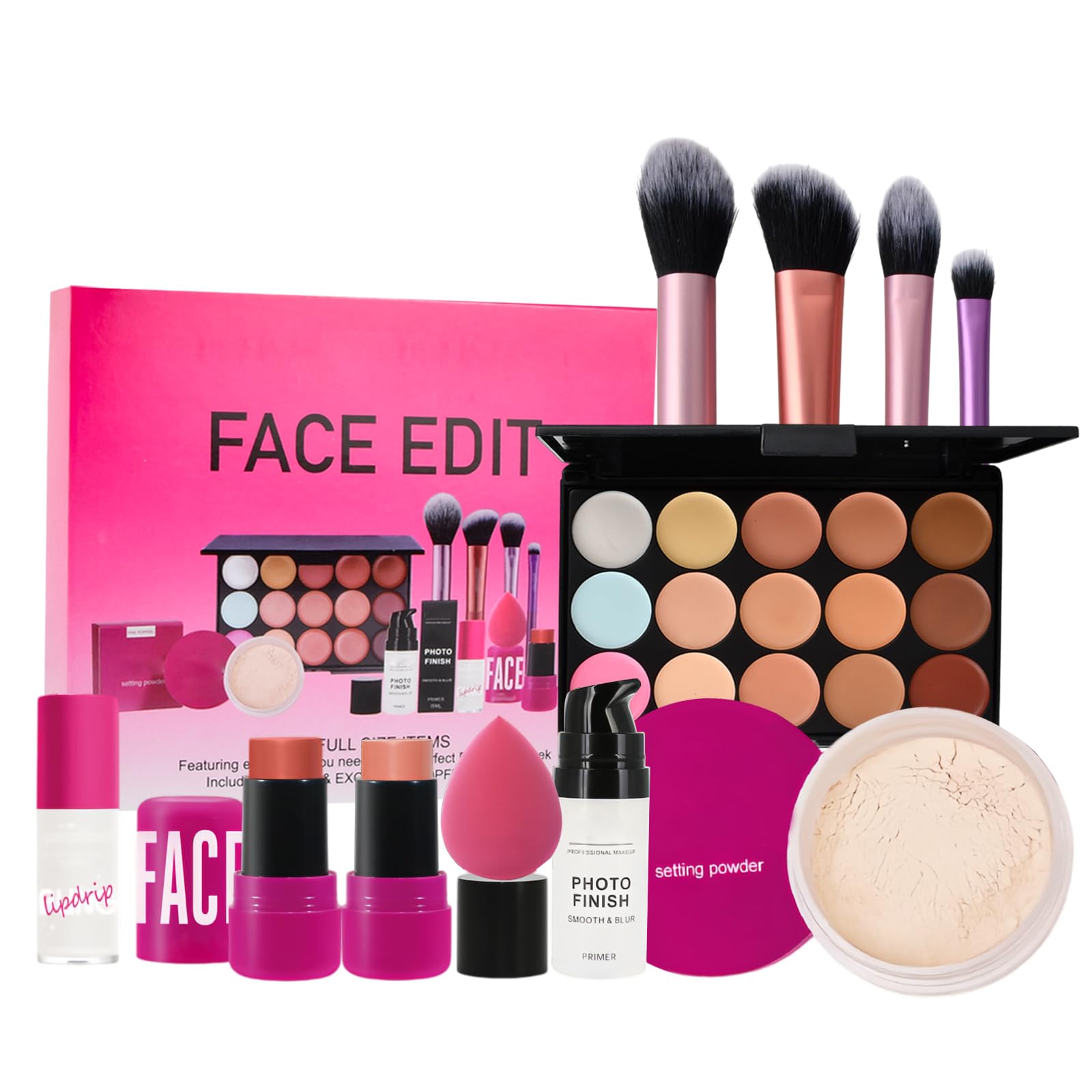 All in One Makeup Kit, 15 Colors Concealer Palette with Face Stick Powder Primer Lip Oil Puff Oval Brush