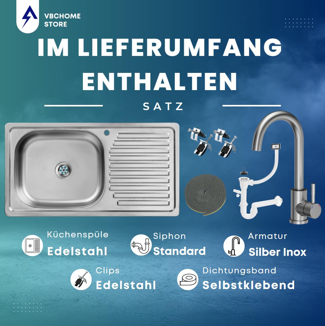 VBChome Edelstahlspüle mit Armatur 75x40x14 cm Edelstahl Glatt Küchenspüle mit Hahnloch Spüle Rechtsseitig Pflegeleichte Abtropffläche Camping Ablaufgarnitur Siphon Rechtsseitig Spül mit Armatur Inox