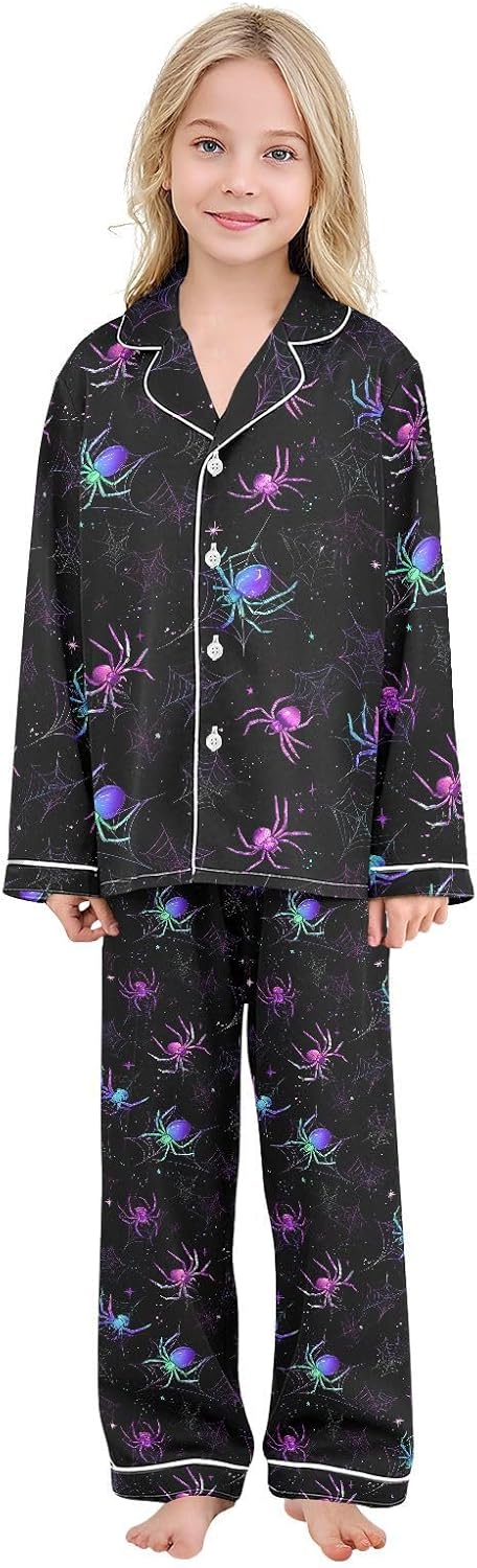 Colorful Spider A Satin Pajama Sets Long Sleeves Nightwear Button Down Sleepwear