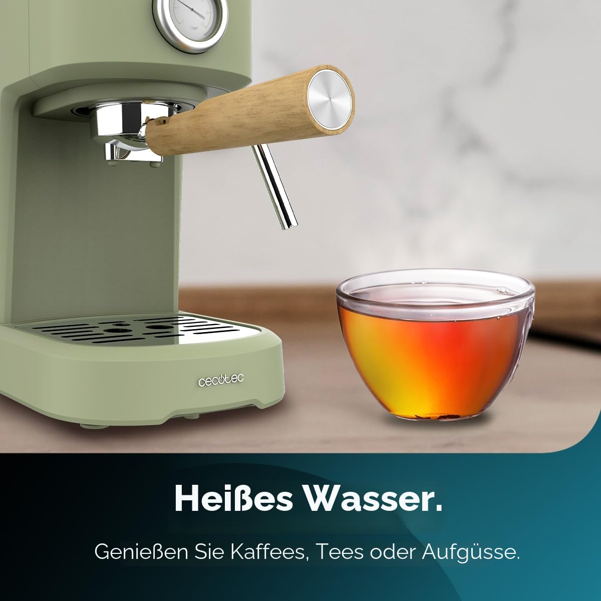 Cecotec Espressomaschine Compact Power Espresso 20 Retro Green 1100 W, 20 bar, Thermoblock-System, schwenkbarer Dampfgarer, Filterarm mit Doppelausgang und 2 Filter, 1,25 Liter