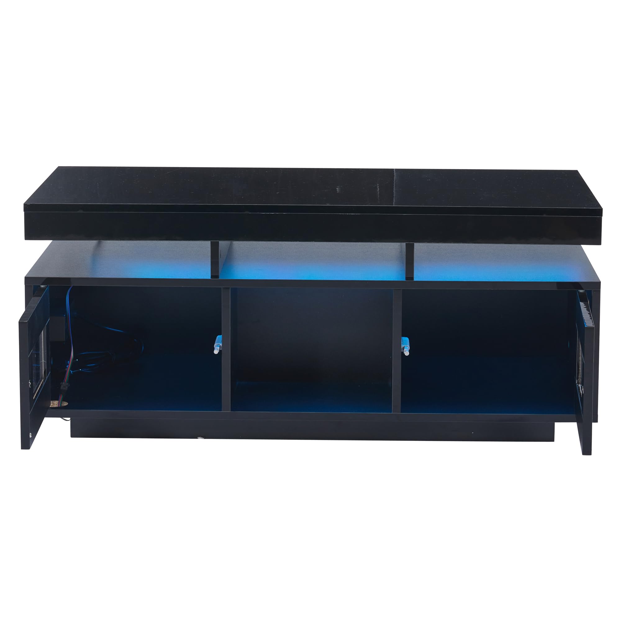 Merax Couchtisch Schwarz, Wohnzimmertisch Hochglanz mit LED Beleuchtung, Beistelltisch Kaffeetisch mit Schrank & Offene Staufächer, Sofatisch mit Ladeanschluss, Rechteckiger Mitteltisch, 100×50×43cm
