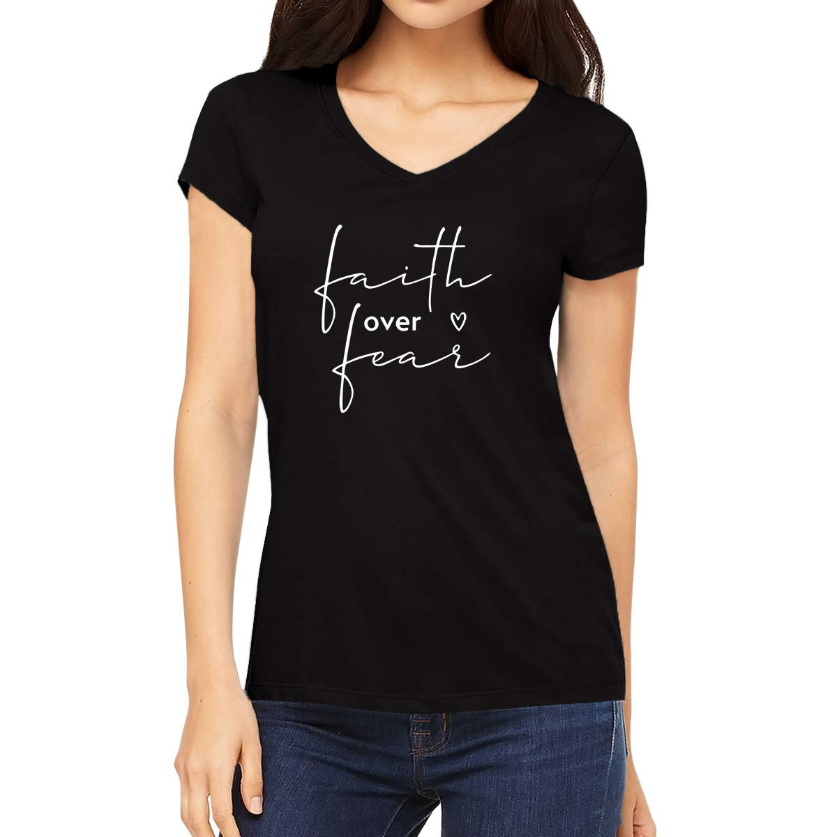OPLUWomen's Regular Fit Faith Over Fear Cotton Printed V Neck Half Sleeves Trending, Text, Quotes Pootlu Tees and Tshirts (Pooplu_Black_Large)