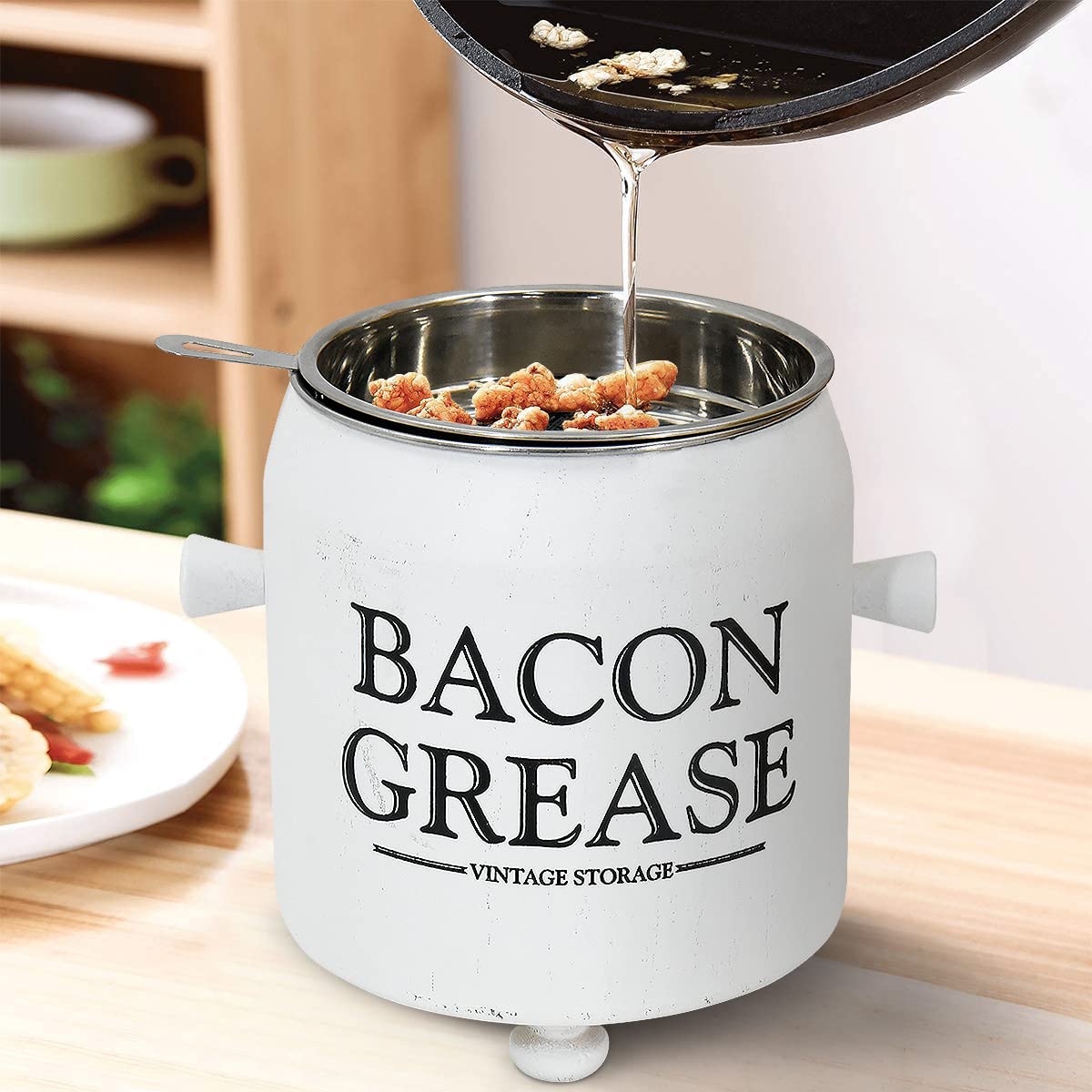 Contenedor Para Grasa De Tocino 1.7L Con Colador De Malla Extraíble – Lata De Acero Inoxidable Para Aceite De Cocina