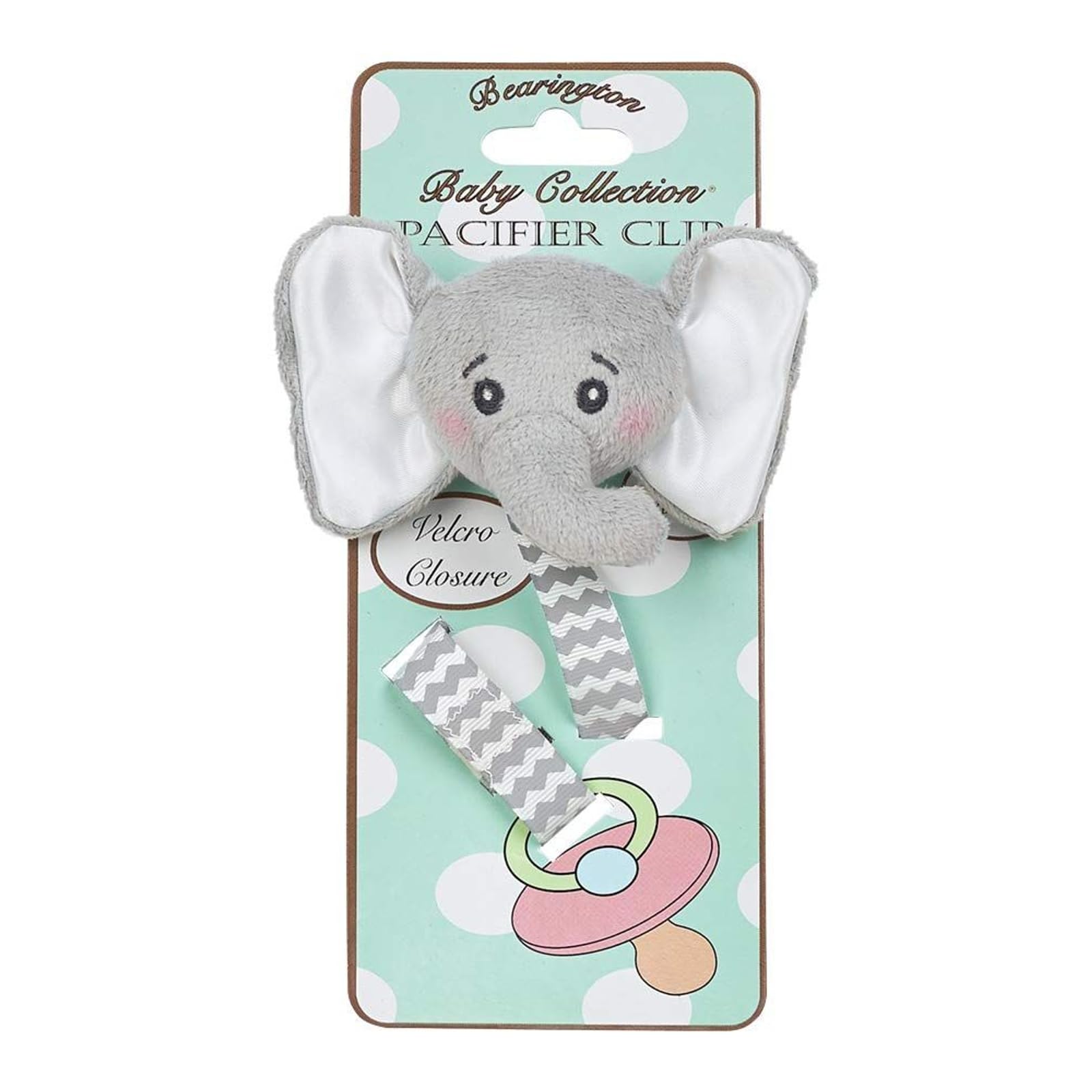 Bearington Collection Baby Pacifier Holder Clip for Girls & Boys - Lil’ Spout Plush Gray Elephant Binkie, Non-Silicone Paci Clip with Satin Leash & Strap - Animal Pacifier Holder