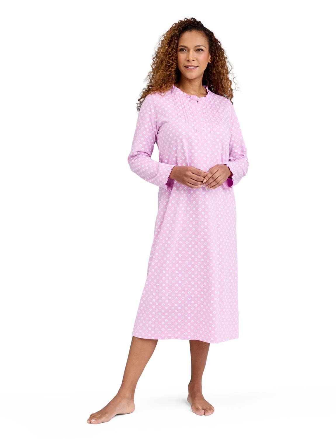 Amber Women's Lavender Print Frill Neck Nightdress Long Sleeve Button Front Cotton Nightie With Pintuck And Frill Details Floral Print Sleepwear 20-22