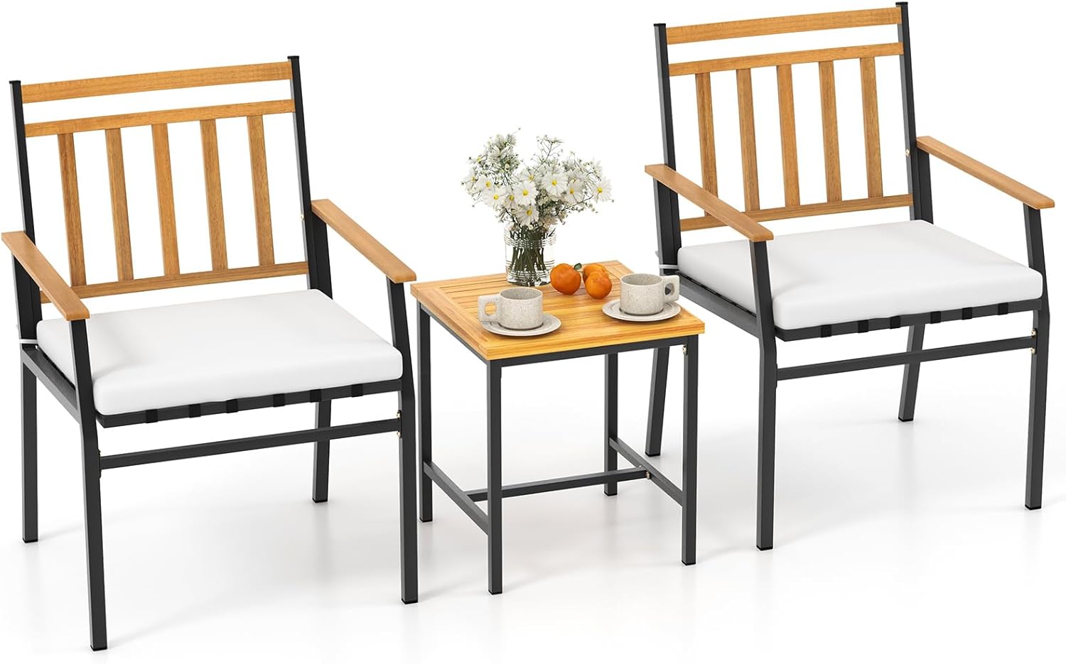 HAPPYGRILL 3 Piece Acacia Wood Patio Bistro Set, Outdoor Chair Set with Coffee Table, Heavy-Duty Metal Frame, Cushions, Outside Furniture Conversation Set for Balcony, Porch, Backyard