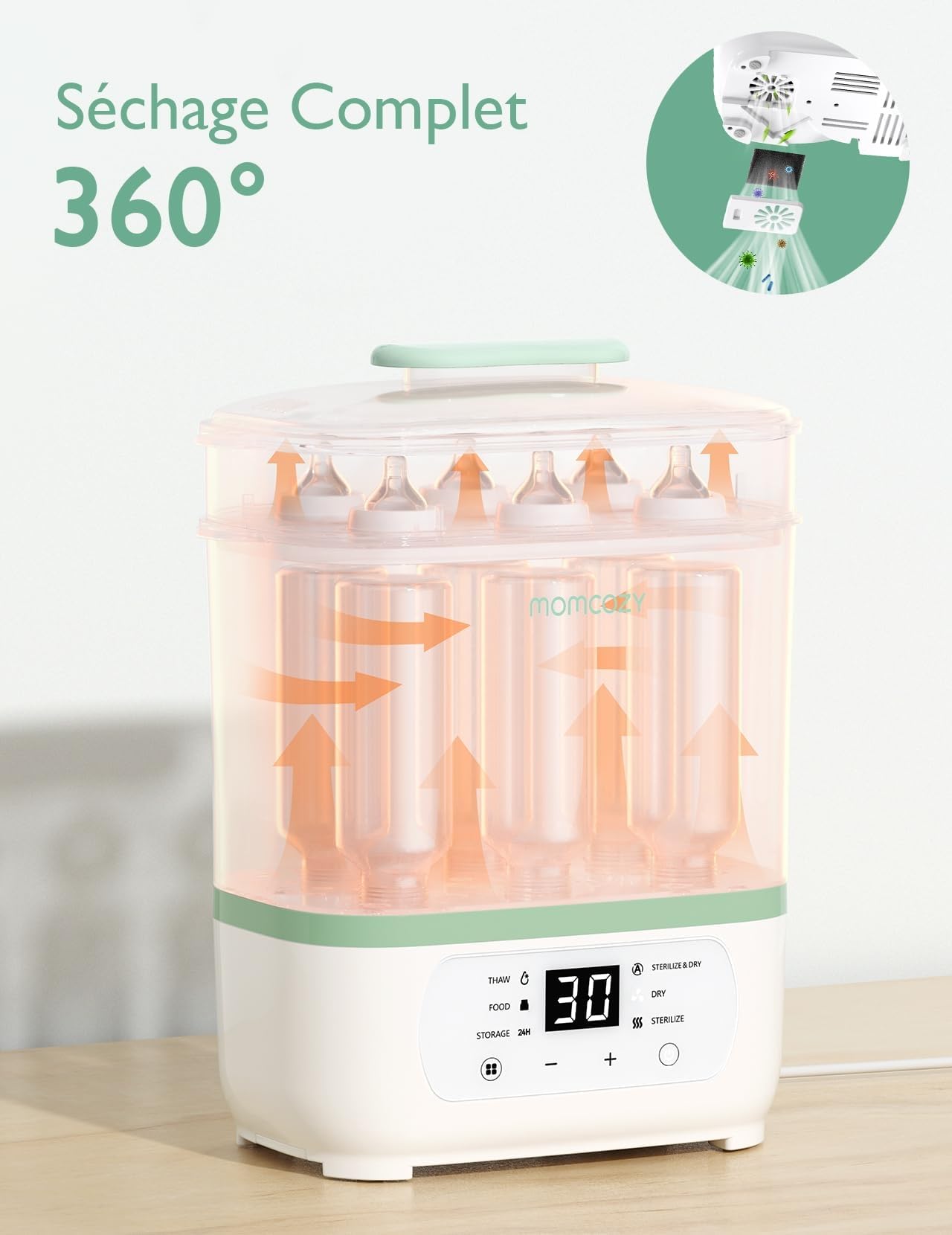 Momcozy Stérilisateur Biberons Électrique 2-en-1, 8 Bouteilles, 30 Min | Séchoir, Séchage rapide, Tire-lait, Tétines, Jouets, Multifonction, Compact, Bébé, Nouveau-né, Sans BPA, Hygiène, Cadeau, Lot