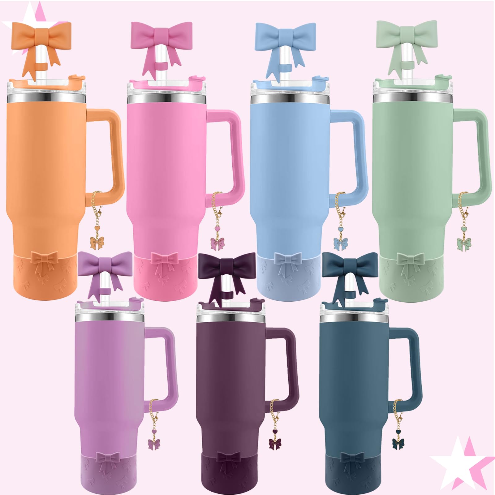 Tassen-Zubehör-Set für Stanley, inklusive 2 niedlichen Schleifen-Strohabdeckkappen, 10 mm, wiederverwendbare Strohhalm-Aufsätze, 1 Silikon-Stiefelhülle und 1 Griff-Anhänger für Stanley-Becher
