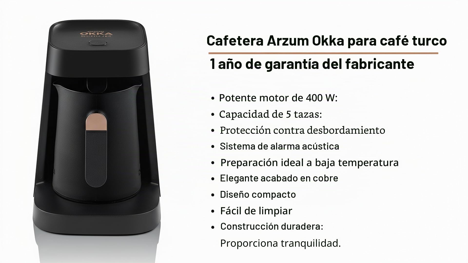 Arzum Okka Cafetera turca MINIO JET, cafetera turca, 400 W, 5 tazas de capacidad de café, protección contra desbordamiento, sistema de alerta acústica (cobre)