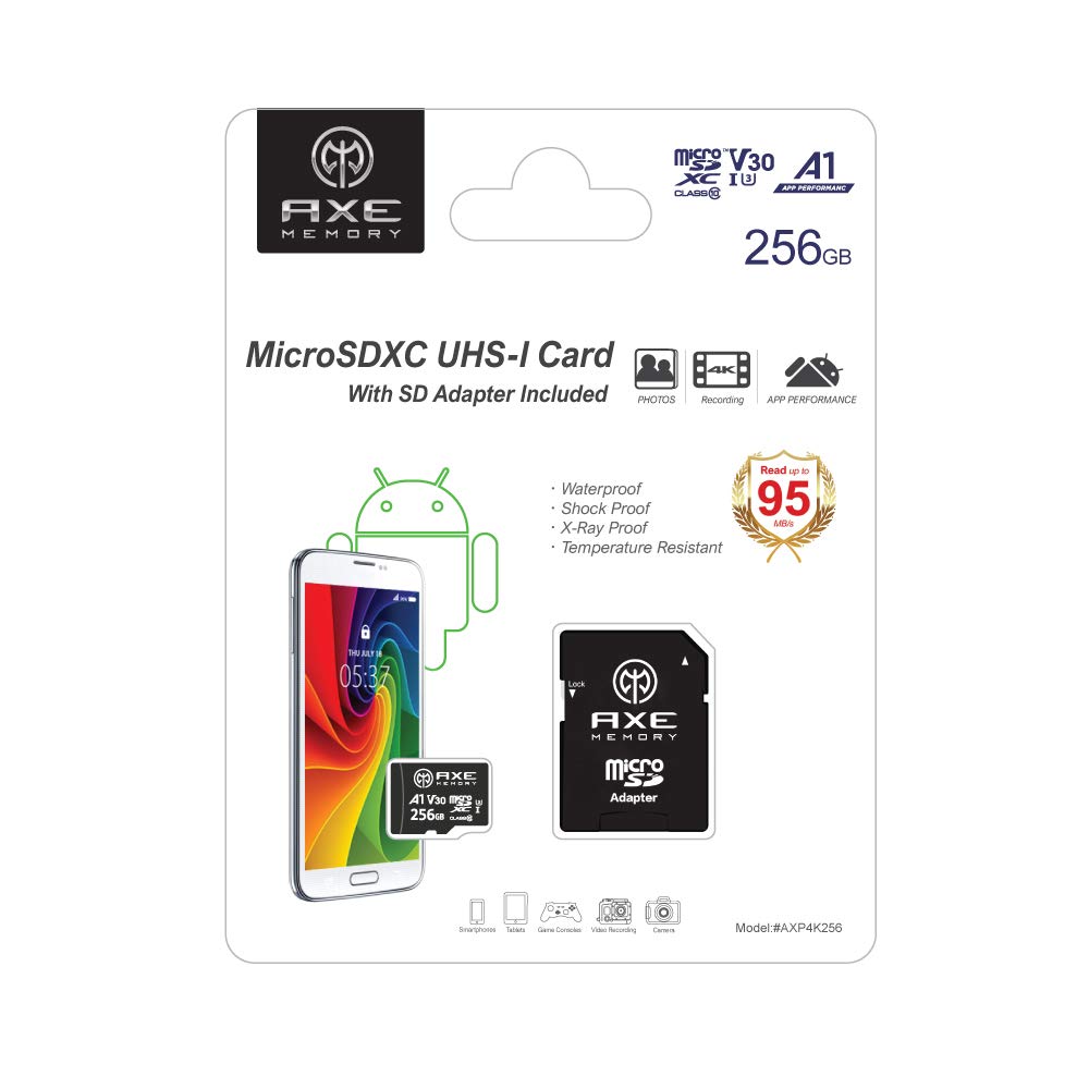 AXE MEMORY Scheda Micro SD 256 GB, Memoria MicroSDXC per Nintendo-Switch, GoPro, Drone, Smartphone, Tablet, 4K Ultra HD, A1 UHS-I U3 V30 C10, Lettura Fino a 95 MB/s, con Adattatore SD