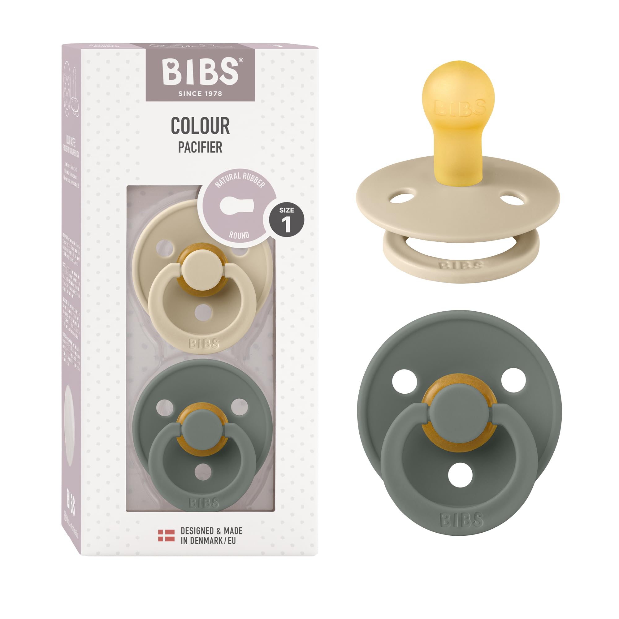 Bibs Colour Pacifier 2-Pack | BPA Free Soother, Round Nipple. Natural Rubber Latex,