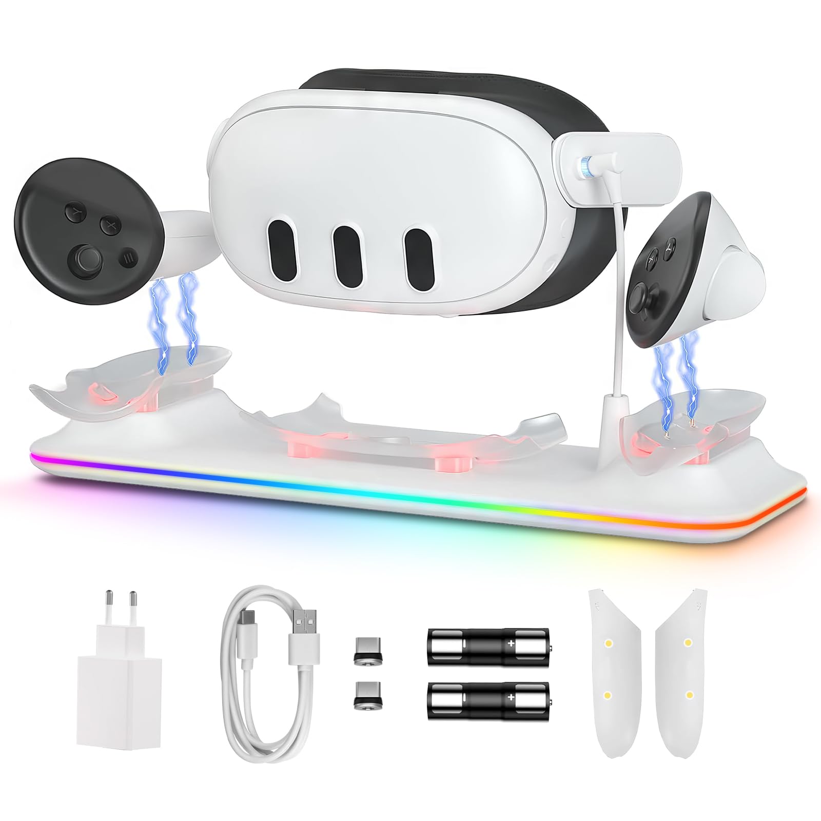 GEEKERA Base de Carga Compatible con Meta Quest 3: Estación de Carga Magnética para Casco y Mandos, con Adaptador de 18 W, 2 Baterías Recargables y Luces RGB, Accesorios VR para Jugadores