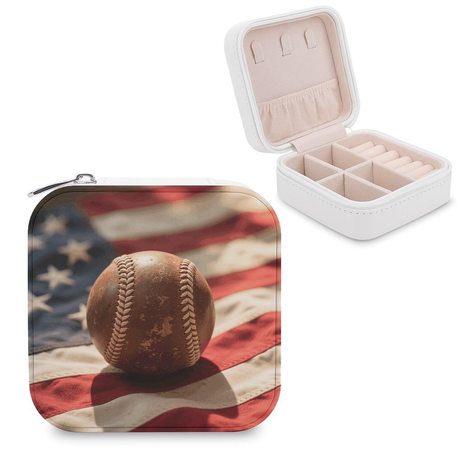 VstaDank Vintage Baseball On American Flag Jewelry Organizer Travel Case for Women With Zipper Mini Jewelry Case PU Leather Jewelrys Box for Rings Necklaces Bracelets Earring Holder Organizer Storage