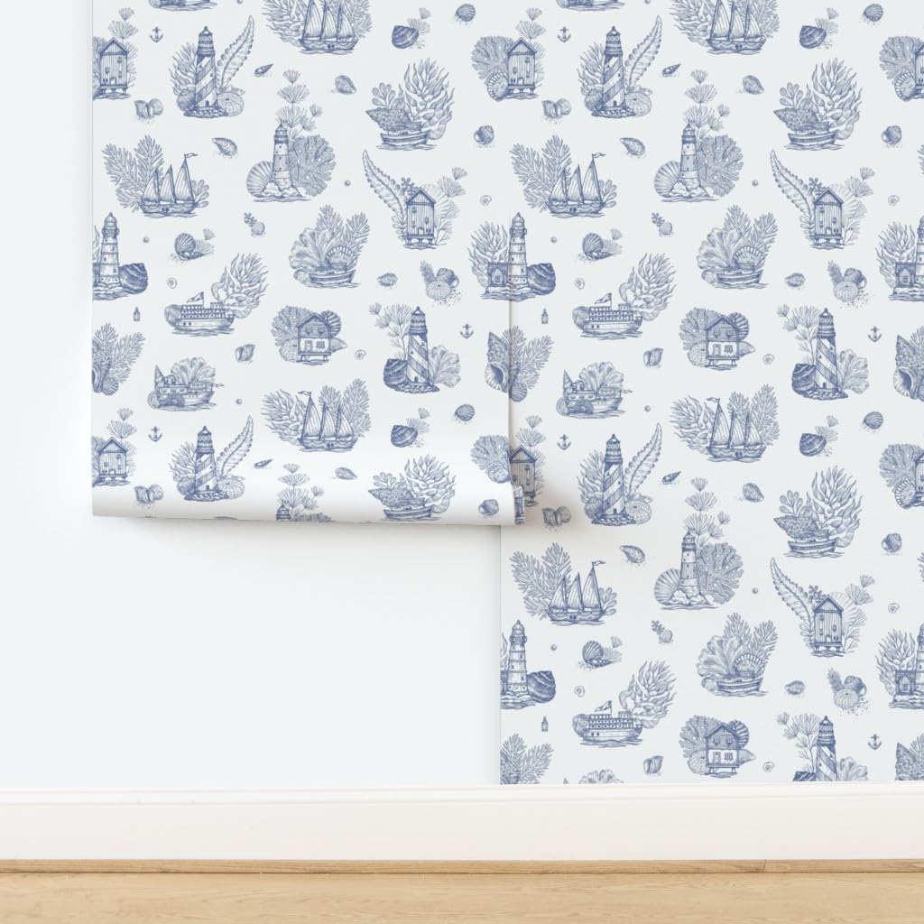 Removable Wallpaper 6ft x 2ft - Lighthouse Sea Blue Plant Nautical Ship Ocean Seashells Custom Pre-Pasted Wallpaper by Spoonflower