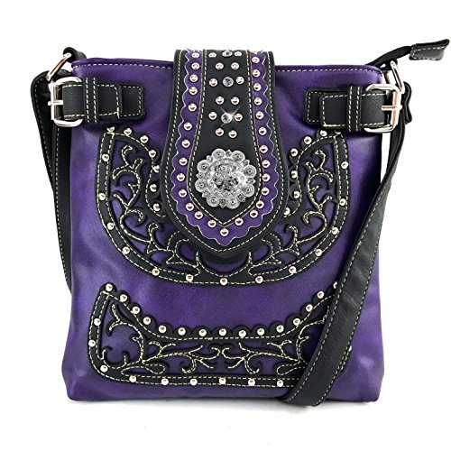 Justin West Concealed Carry Laser Cut Leather Floral Embroidery Rhinestone Berry Concho Studded Shoulder | Tote | Handbag Purse | Messenger Crossbody | Trifold Wallet (Purple Messenger ONLY)