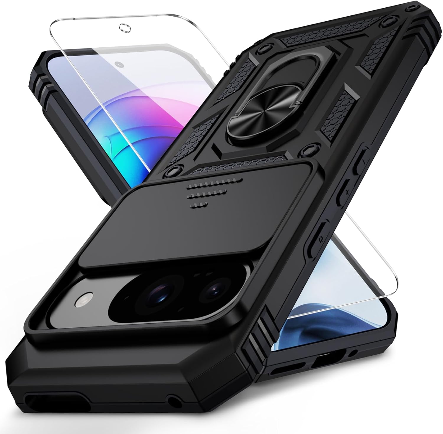 for google pixel 9 case, pixel 9 pro case, slide lens cover, hd screen protector, military grade drop protection, magnetic rotated ring holder kickstand protective phone case (black)