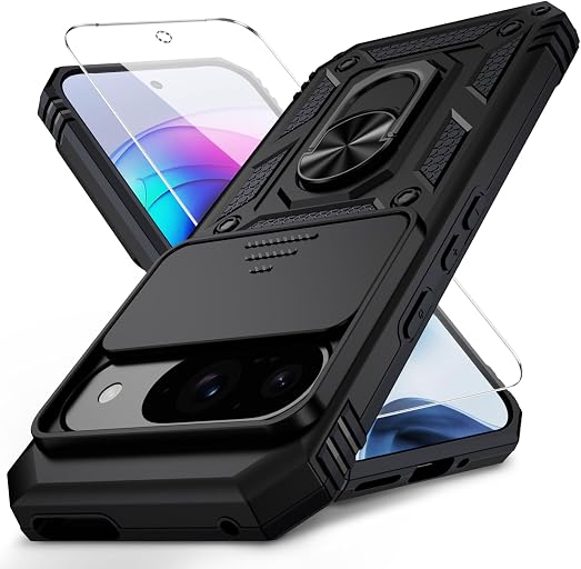 Vinve for Google Pixel 9 Case, Pixel 9 Pro Case, Slide Lens Cover, HD Screen Protector, Military Grade Drop Protection, Magnetic Rotated Ring Holder Kickstand Protective Phone Case (Black)