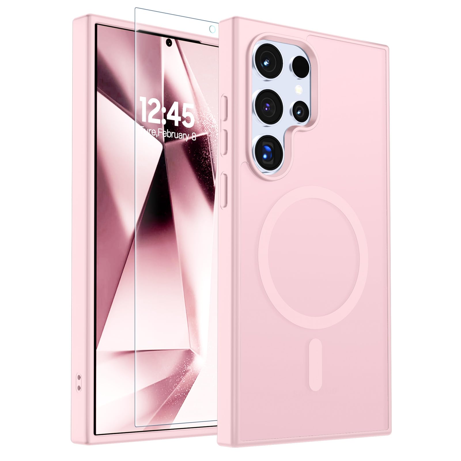 SUPFINE Magnetic for Samsung Galaxy S24 Ultra Case with Screen Protector, (Built-in Magnets) (Military Grade Drop Protection) Slim Translucent Shockproof Phone Case,Light Pink