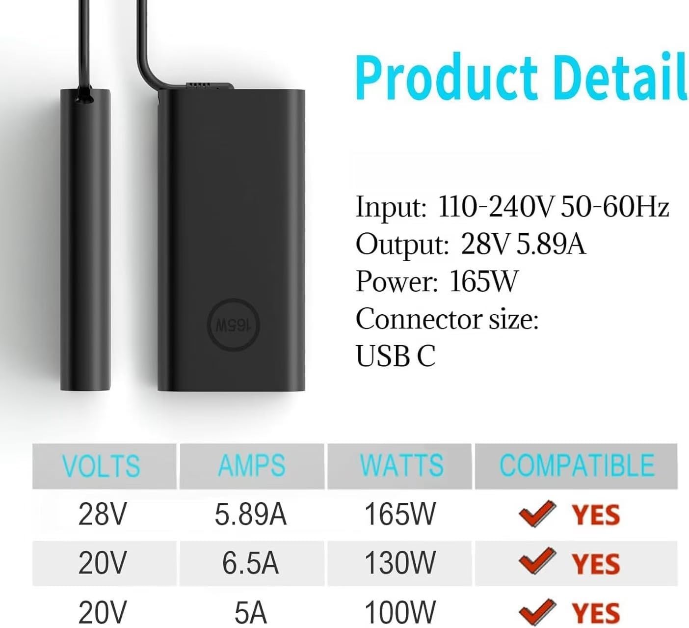 165W GAN USB Type C Laptop Charger Compatible with Dell Precision 5680 5690 3581 3580 XPS 17 15 9730 9720 Pro Max 16 18 Latitude 7640 5440 Inspiron-14 16 M9TG5 DA165PM210 N86KM HA165PM210 LA165PM210