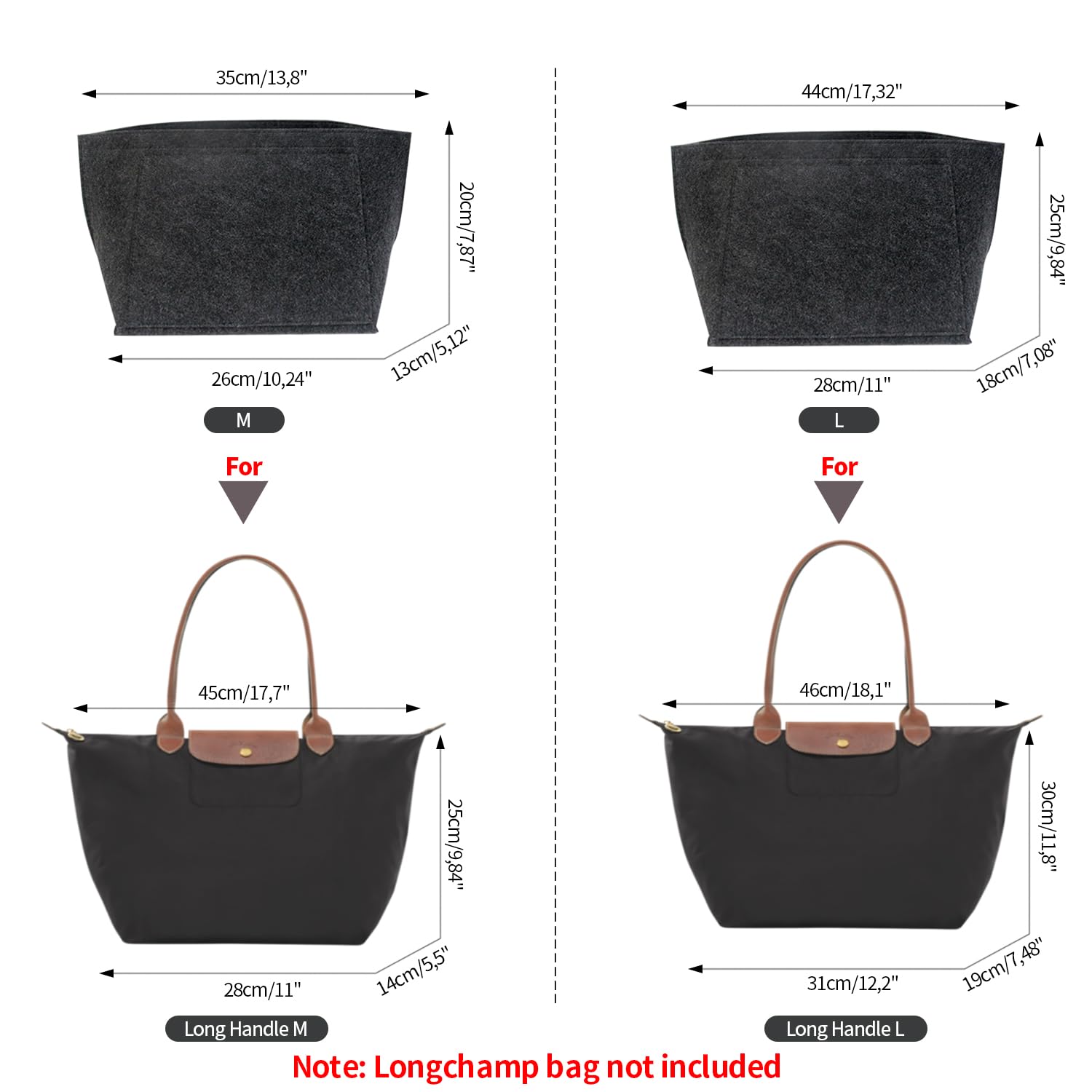 Longchamp Organizer kieszonkowy, filcowy, duża pojemność (ciemnoszary, M)