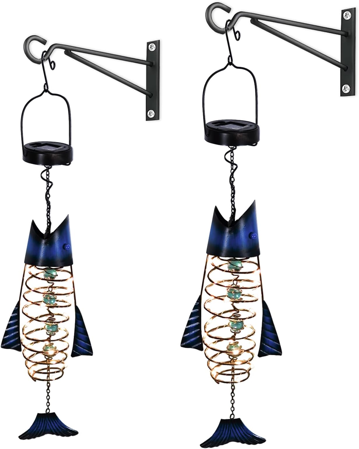 HONGLAND 2 Pack Solar Lantern Outdoor - Metal Fish Hanging Decoration - Waterproof Warm LED Lights Outside - Unique Gifts for Garden Man Women Holiday Days, Birthdays, Attractive Addition to Yard Art