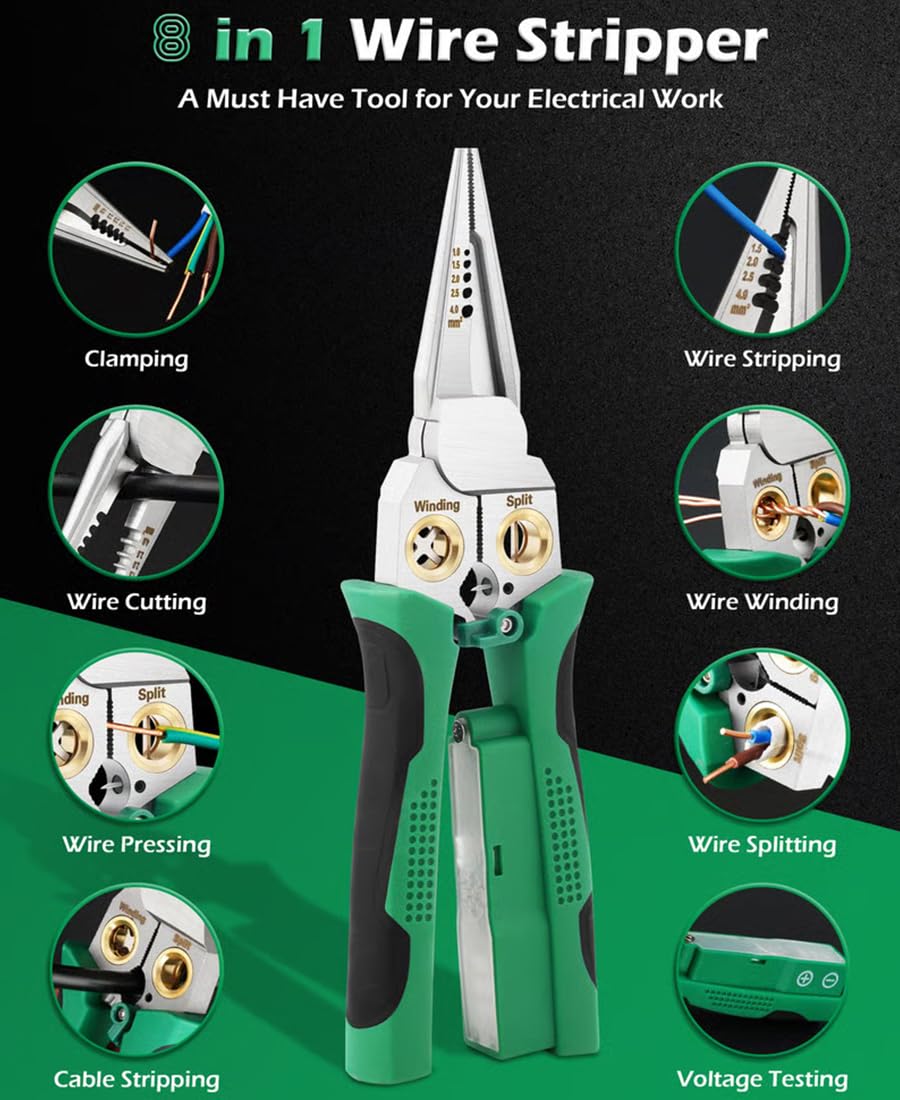 Pinza spelafili 8 in 1 con misurazione dell'elettricità, spelafili 8 in 1 con tester di tensione, strumento spelafili elettrico multifunzione per tagliare e tirare pinze (verde + grigio)