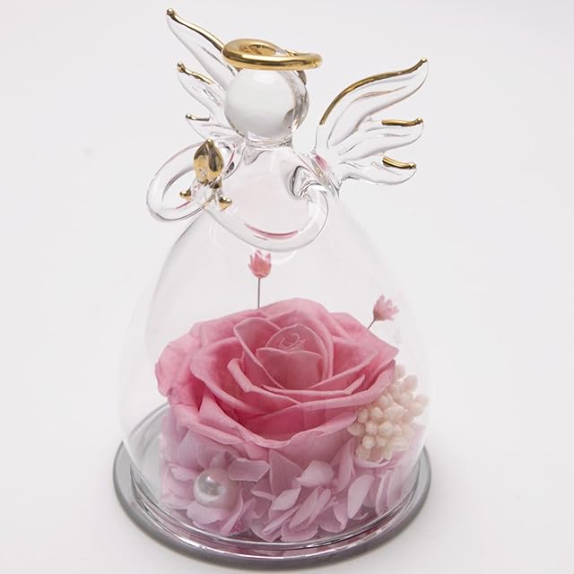 Angel Forever Pink Rose Flower Ornament In Glass Dome,Beauty And The Beast Real Preserved Eternal Rose For Girlfriend,Love Box Gift On Valentine Mother'S Day Anniversary Wedding Christmas Birthday