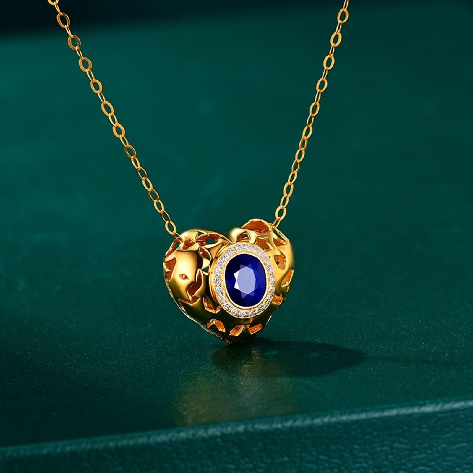 Halskette Labor Saphir Damen, Damen Kettenanhänger Gold mit Labor Saphir 0.6ct und Moissanite, Echtschmuck für Frauen