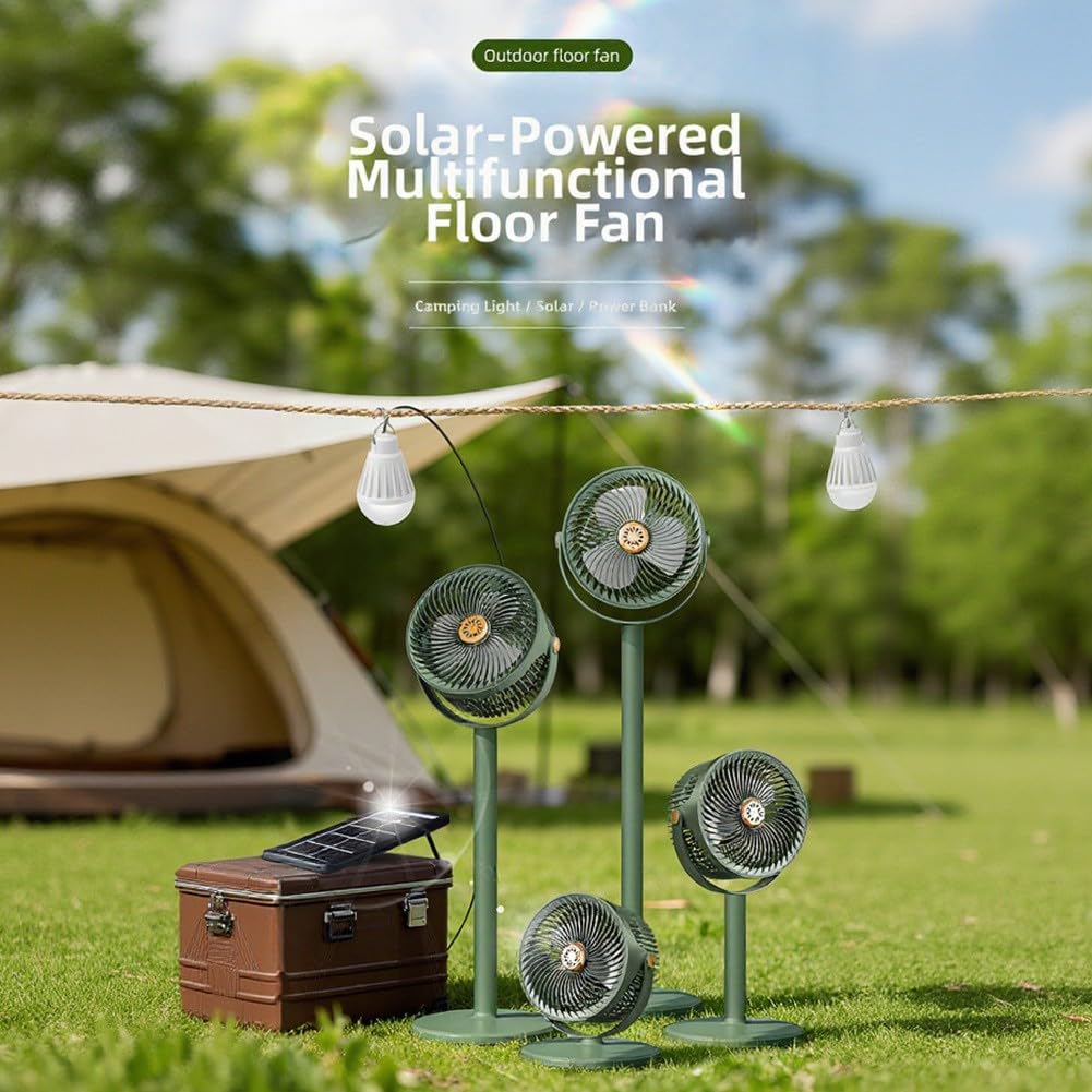 EasyByMall Ventilatore solare portatile da terra con regolazione verticale a 360°, ventilatore da pavimento a batteria ricaricabile a 5 velocità con luce LED per campeggio, casa, ufficio all'aperto