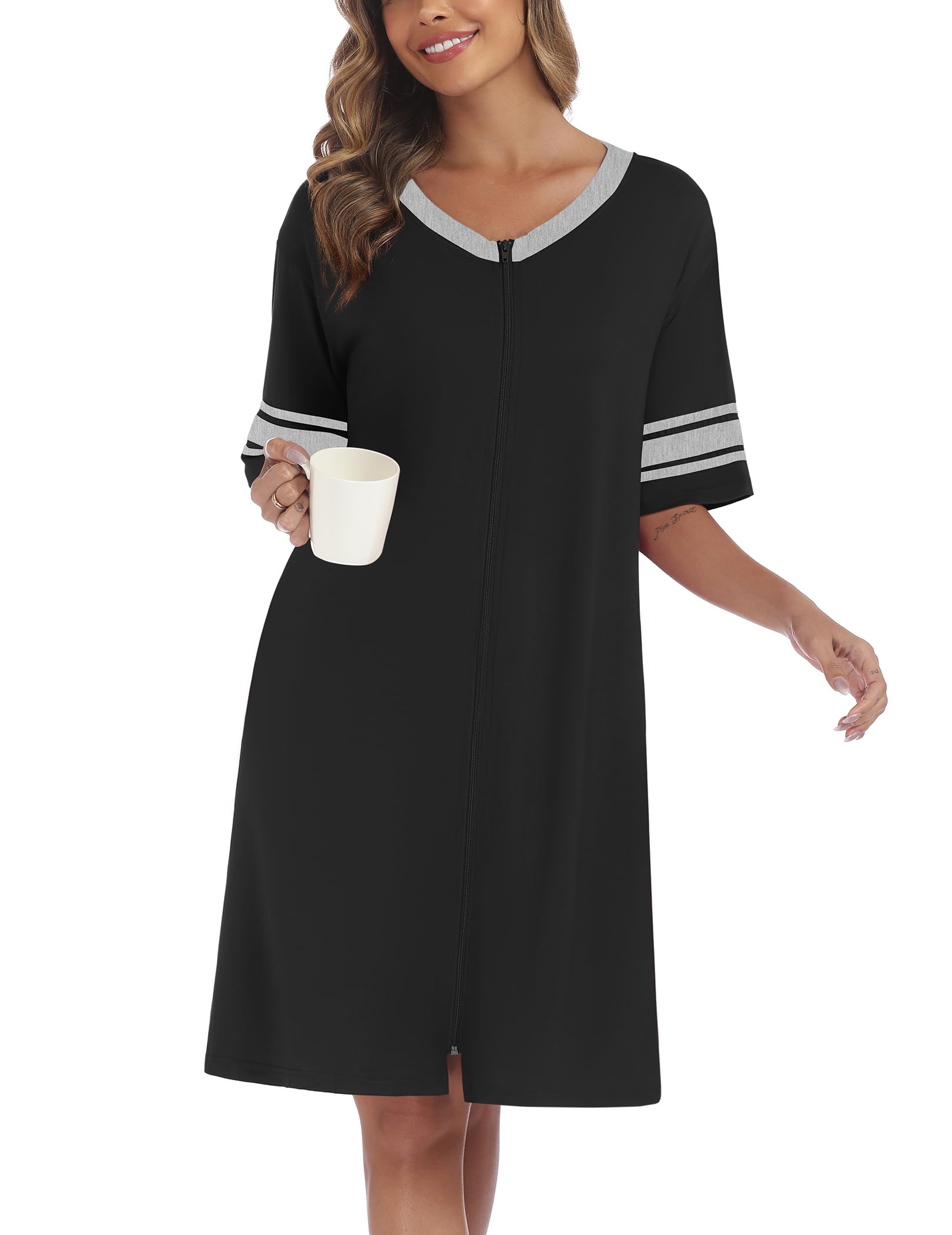 Ekouaer Women Zipper Robe Short Striped Sleeves Lightweight Robes Color Block Bathrobe Soft Sleepwear with Pockets S-3XL