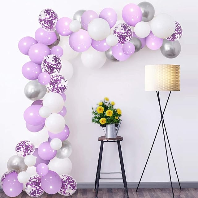 Purple Balloon Arch Kit Pastel Lilac Violet White Silver Metallic Confetti Latex Balloons Garland 100 pcs with 16ft Tape Stripe & Glue Dots for Girls Birthday Wedding Baby Shower Party Decorations
