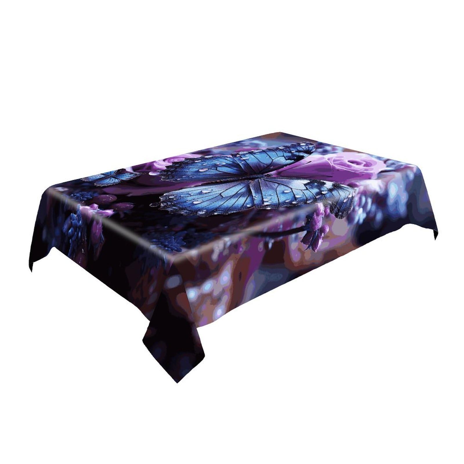 Mantel rectangular con diseño de rosa morada con hermosa mariposa, 4 tamaños, poliéster, mantel de mesa de picnic a borde vertical, patrón impreso transparente, tela lavable resistente, 60 x 120