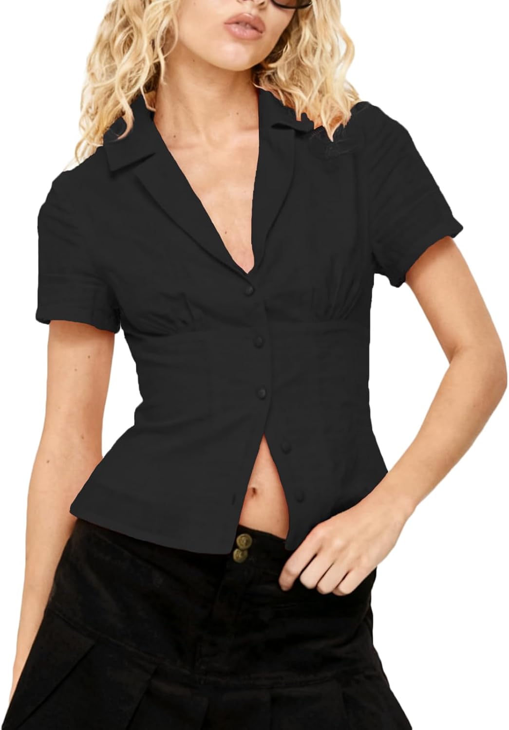 Women Y2K Button-Up Short Sleeve Shirt Slim Fit V Neck Lapel Collar Cropped Top Blouse