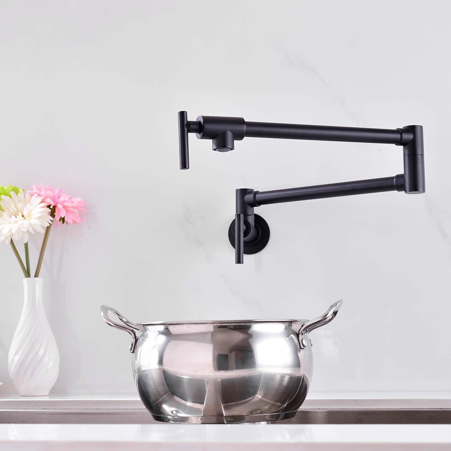 Bеѕt Dеаl 🛒 LEETCP Pot Filler Faucet Wall Ount, Brass Material, Matte Black Color, with Double Joint Swing Arms, 2 Handles with 2 Cartridges to Control Water (Style Matte Black)
