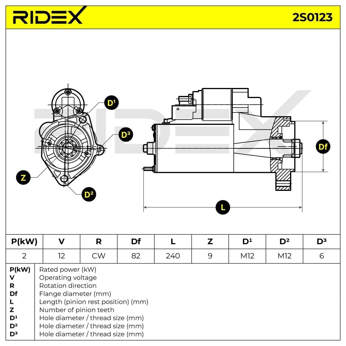 RIDEX 2S0123 Démarreur pour voiture 12V, 2,0KW, Compatible avec AUDI A4 B7 Avant 8ED 3G911023X 03G911023 03G911023X