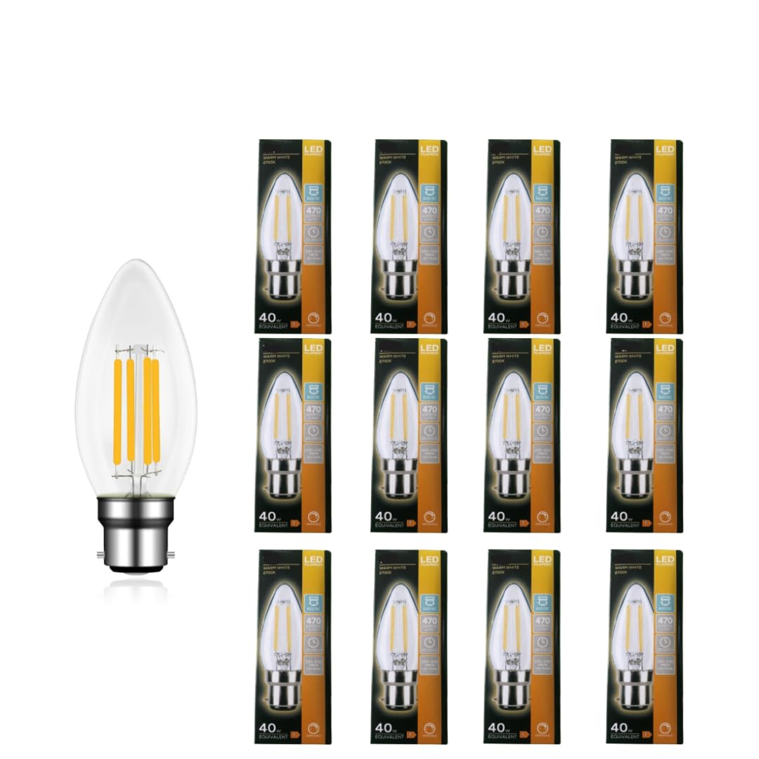 12 X Candle Led Filament 4.5W Light Bulb Bc Warm White Dimmable for Any Space | Energy Saving Lamps Bulb for Daily Use | Suitable for Ceiling Lights Chandeliers and Decorative Home Lighting